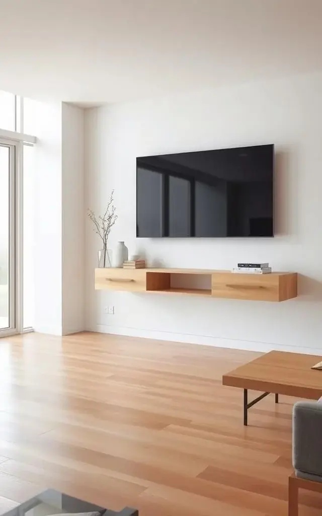 The Floating Media Console - A chic alternative to bulky furniture, the Floating Media Console offers both storage and style without taking up floor space. Mounted on the wall, this sleek design brings a sense of airiness to your living room while keeping electronics organized and out of sight. Opt for warm wood or crisp white finishes to enhance your minimalist theme.