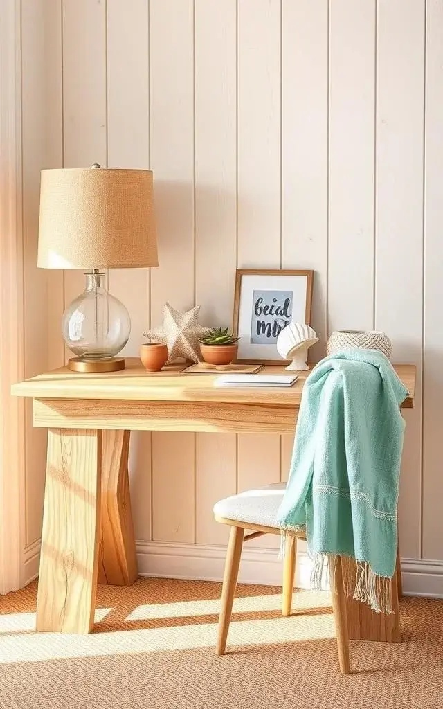 Sandy Shores Desk - Swap traditional desk accessories for sand-inspired decor. Use textured trays filled with shells, driftwood, and faux sand to hold your stationery. Pair this with a sandy-colored desk and a breezy, light blue desk lamp to evoke the essence of a beach in your workspace.