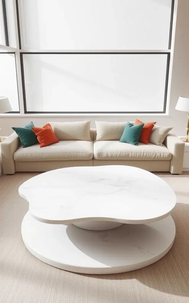 The Sculptural Coffee Table - Make your coffee table a statement piece with a sculptural design that serves as both a functional surface and a work of art. Choose materials like marble or glass combined with organic shapes that spark conversation. This eye-catching piece can create an artistic focal point in a minimalist setting, making every moment spent in your living room feel special.