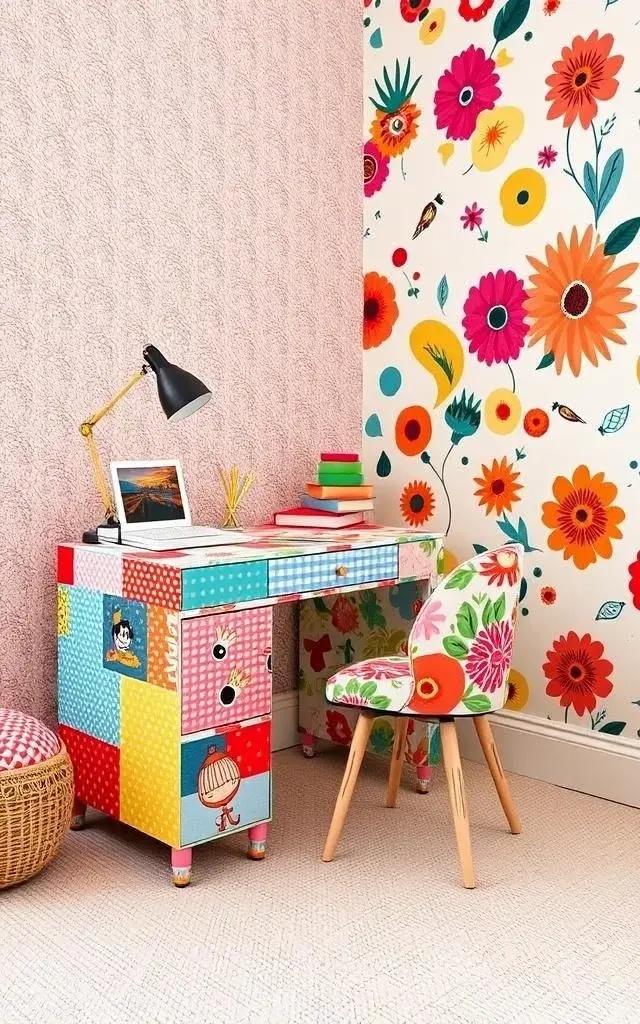 Functional Art: Wallpapered Furniture - Take a bold leap by upcycling old furniture pieces with Muse in Multicolor. Whether it’s a coffee table, a bookshelf, or a dresser, the vibrant patterns will breathe new life into your furnishings. This design move not only rejuvenates the furniture but also integrates the wallpaper into your overall decor seamlessly, creating functional art.