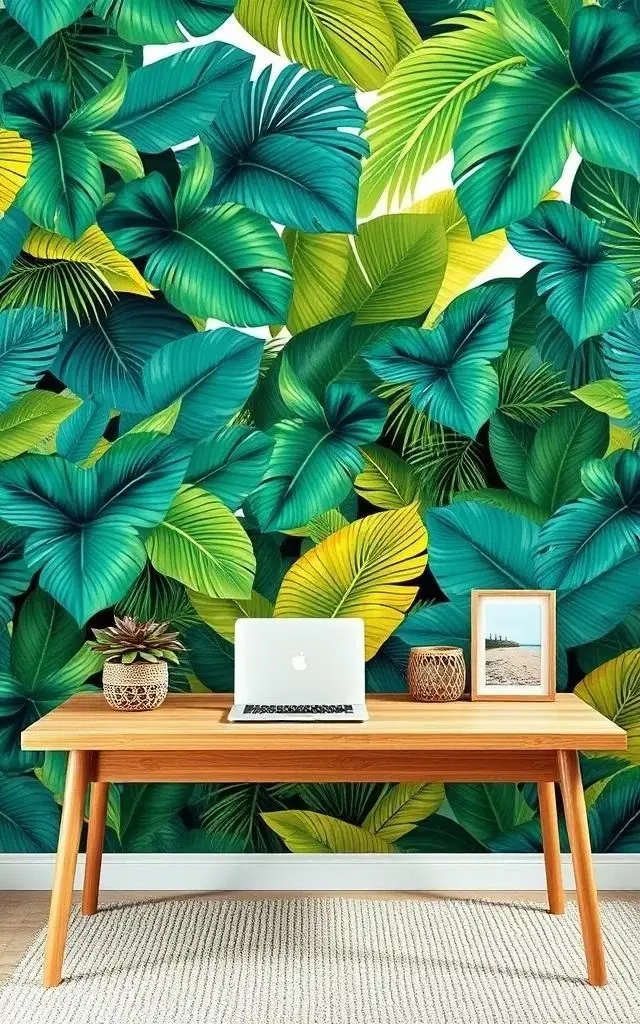 Tropical Oasis Wall - Create a feature wall with a mural of a tropical beach or a gallery of framed prints showcasing beach scenes and marine life. Incorporate greenery with hanging plants or a tall palm to enhance the tropical vibe, turning your office into a serene retreat that sparks creativity.