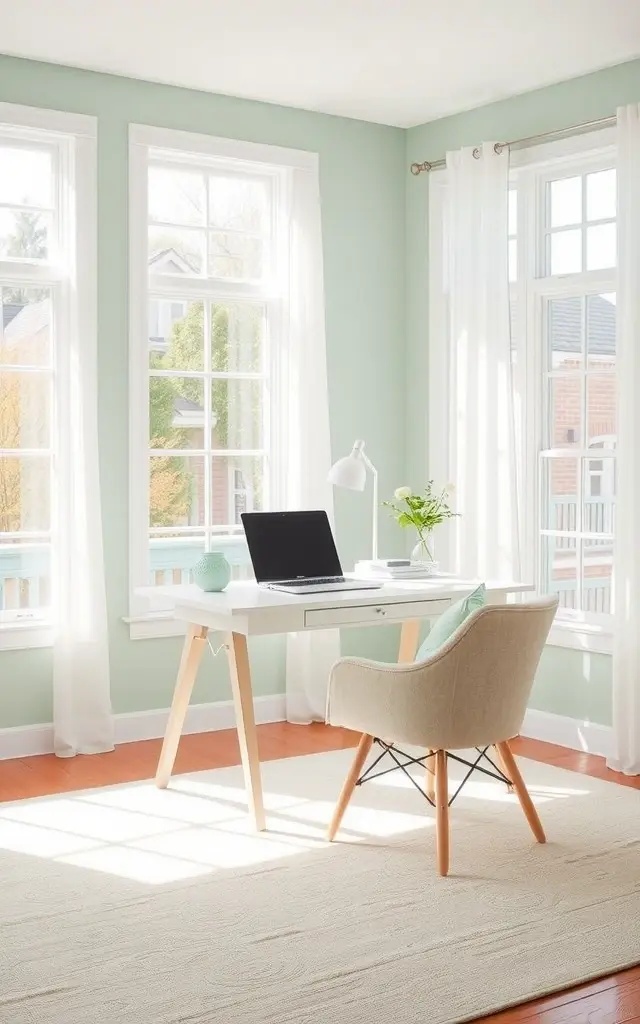 Seafoam Color Palette - Bring a calm coastal vibe with a gentle seafoam green color scheme. Paint the walls or add a statement piece of furniture in this soothing hue. Complement it with sandy beige accents, light wood, and crisp white elements to create a refreshing yet professional look.