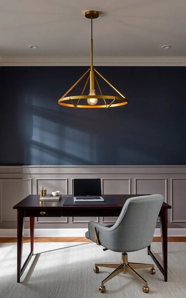 The Statement Light - Illuminate your creativity with a striking light fixture that becomes the room's centerpiece. Choose something bold—like a geometric pendant or an oversized floor lamp—that captures attention and reflects your style. This single element can dramatically shift the ambiance of your office, making it a chic place to work and unwind.