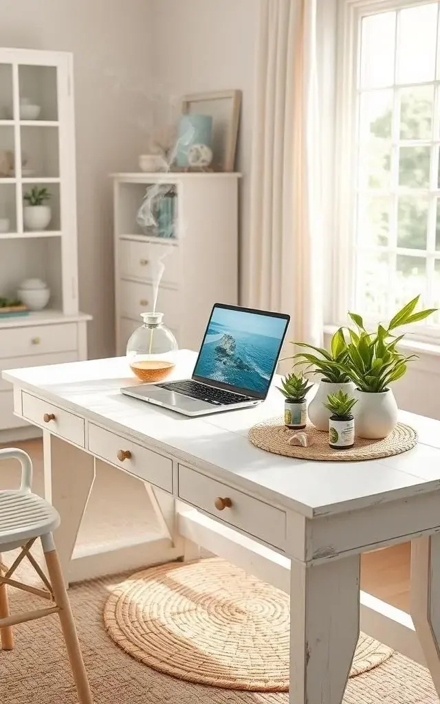 Beach Breeze Aromatherapy - Infuse your workspace with the essence of the ocean by using essential oils in a diffuser. Opt for scents like sea breeze, coconut, or sandalwood. This sensory touch not only transforms the ambiance but also enhances focus and reduces stress, making your office a truly revitalizing place.