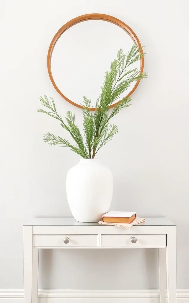 The Pine Whisper - Start with your white vase—something simple, perhaps a thrift store find or a family heirloom. Pair it with a single pine branch, preferably one with a touch of frost or a pinecone for character. Place this arrangement on a rustic wooden table or entryway console. The contrast of the smooth ceramic against the rough texture of the pine will draw the eye and give off a welcoming vibe. Add a soft, knitted throw draped beside it for that extra touch of warmth. Less is indeed more!