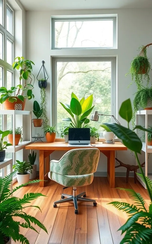 The Botanical Retreat - Infuse your workspace with life by incorporating lush greenery. This idea encourages you to harness the calming power of plants. Choose large statement plants for corners or delicate hanging terrariums to create a tranquil atmosphere. Consider a vertical garden wall for an artful touch that not only purifies the air but also serves as a stunning backdrop for your work.