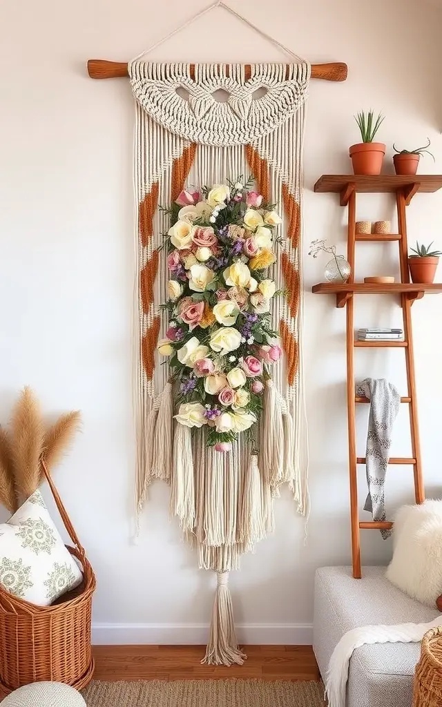 Boho Blossom Cascade - Picture this: a cascade of macrame hangings draping beautifully from the ceiling. Layer different lengths for a dramatic effect and incorporate clusters of dried blooms that gently sway in the breeze. This design isn’t just decor; it’s an experience, inviting warmth into any gathering.