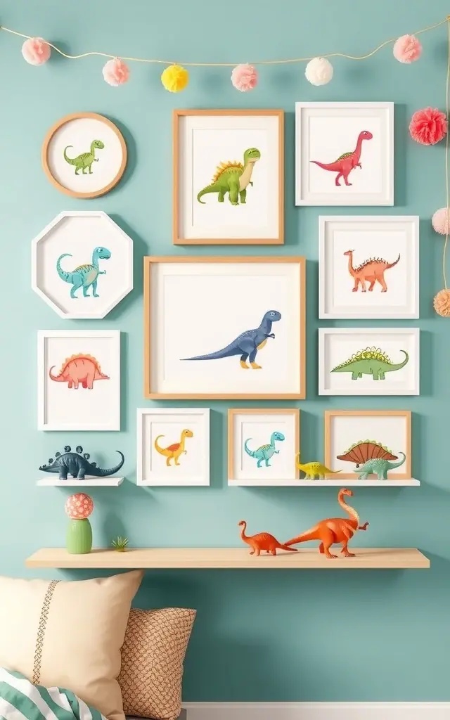 Dino Chic Gallery Wall - Say goodbye to mundane wall art! Elevate the space with a Dino Chic Gallery Wall that merges bohemian flair with artistic expression. Frame an eclectic mix of vibrant dinosaur illustrations, textured textile art, and abstract landscapes that resonate with the prehistoric theme. Consider incorporating wooden safari animals and hanging woven baskets for an added dimension. This wall not only showcases your child’s personality but also serves as a dynamic backdrop for adventures, ensuring the space remains fresh and full of life as they grow.