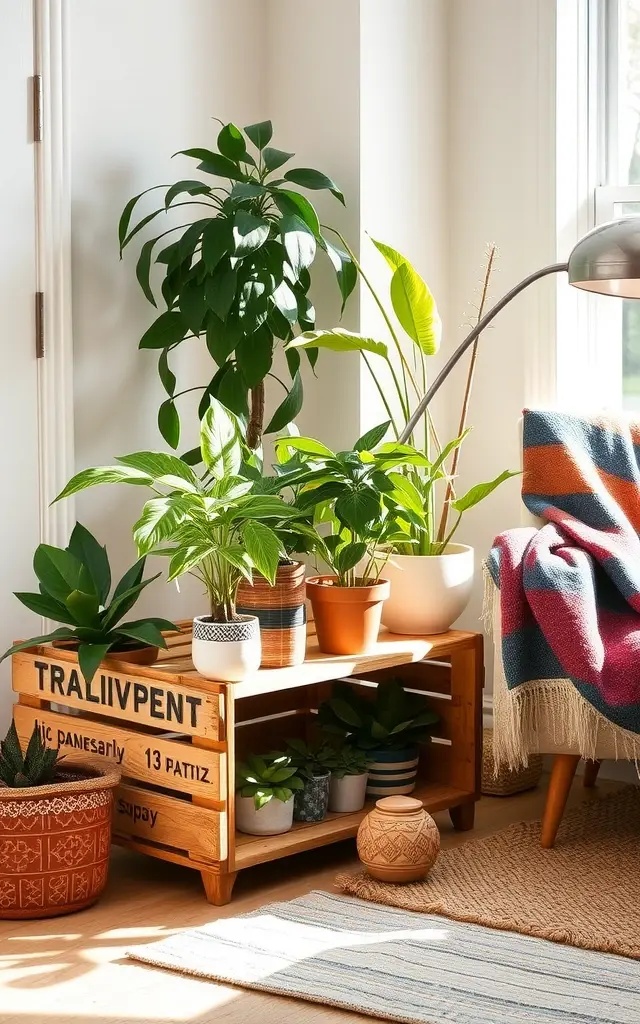 The Crate Escape - Picture a rustic wooden crate, its surface kissed by time and adventure, turned on its side. Layered with a collection of quirky pots, it cradles a riot of greens—vibrant pothos, a playful peace lily, and perhaps a solitary cactus for a touch of spunk. Perched on a worn-out rug, this crate stands as a testament to the beauty of imperfection. Add a vintage book or two on top, inviting visitors to sit, linger, and bask in the cozy aura created by plants and stories intertwined.
