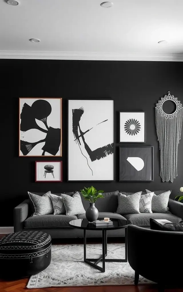 The Monochrome Mashup - Who says black and white has to be boring? Dive into a monochrome wonderland with bold black frames that act as the perfect backdrop for a riot of abstract prints in contrasting hues. Think splashes of vivid reds, electric blues, and sunny yellows! Arrange your pieces in playful overlaps and unexpected angles, almost as if they’re having a party on your wall. This lively setup not only sparks conversation but also invites creativity to flow freely in your space, making it a true reflection of your vibrant personality!