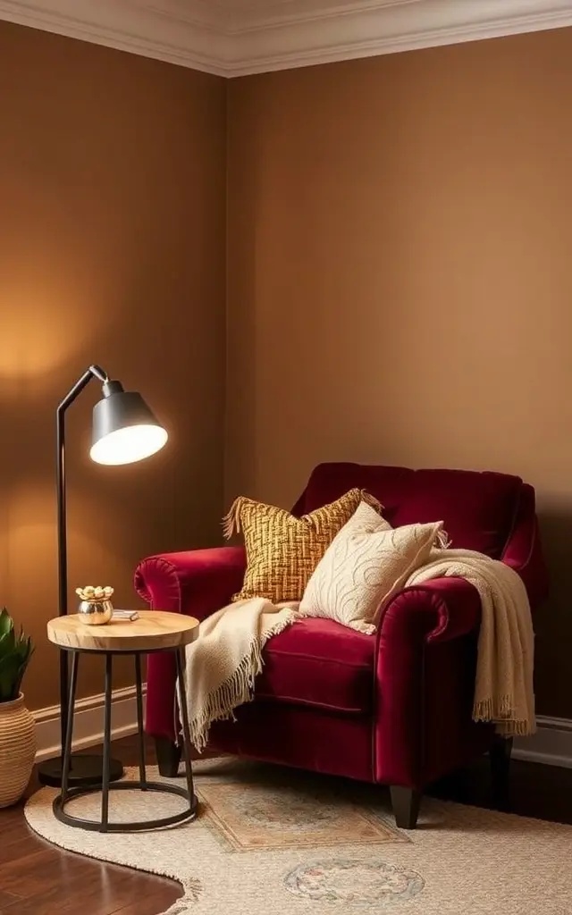 Ember Glow Nook - Step into the 'Ember Glow Nook', where comfort meets sophistication. This design concept incorporates smart table lamps with customizable color temperatures, paired with plush textiles in warm hues. Picture a cozy reading corner where the lighting can shift from a soft amber for relaxation to a brighter cinnamon for focused activities. This versatile setup encourages mingling and quiet solitude alike, making it perfect for any style preference and ensuring that your living room remains a welcoming haven.