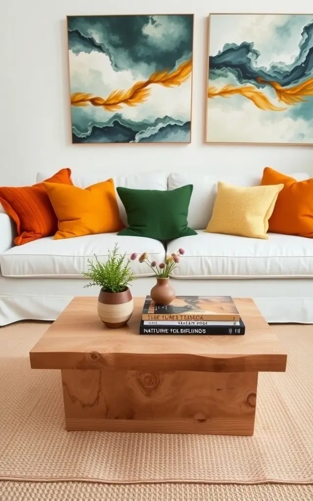 Nature's Drama - Bring the outside in with an unexpected twist by incorporating large, dramatic plants and unconventional decor elements. Opt for a giant fiddle leaf fig or a cascade of hanging ferns to create vertical interest that contrasts beautifully with the horizontal lines of your white sofa and wooden coffee table. Pair these with rustic elements like a sculptural driftwood centerpiece or artisanal ceramic vases. This fusion of organic and chic not only softens the starkness of the neutral palette but also creates a lush, vibrant sanctuary that feels alive.