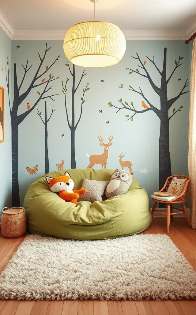 Creature Comforts Corner - Reimagine traditional nursery decor by inviting the forest into the room—not just in theme, but in form. Construct a whimsical gathering spot with oversized, plush animal chairs that invite playfulness and comfort. Consider a custom bookshelf designed to look like a tree trunk where storybooks can coexist with tiny forest critters. Hang whimsical, oversized paper mache animals for a ceiling installation that draws the eye upward. This corner isn’t just for sleeping or playing; it’s a magical nook for reading stories and nurturing imaginations. Each creature tells a story, breaking the mold of conventional nursery decor.