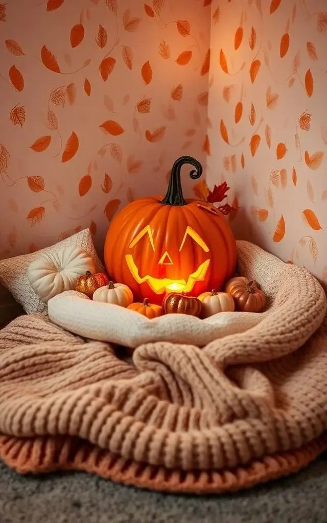 Candlelit Pumpkin Nest - Create an enchanting atmosphere with a soft rug layered with cozy blankets and a small collection of decorative pumpkins. Utilize battery-operated candles flickering gently, casting a warm light that dances off the walls. This corner serves not just as a play area, but as a serene space for relaxation and bonding. The subtle scent of pumpkin spice wafts through the air, making it the perfect place for family gatherings or quiet afternoons spent together, fostering a sense of peace and connection.