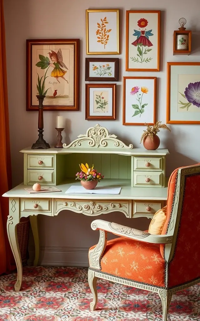 Whimsical Workspace: A Touch of Enchantment - Envision a desk that captures the playful spirit of autumn, where creativity flows as freely as the falling leaves. Start with a sleek, modern desk in a deep forest green or rich burgundy, providing a bold backdrop for your decor. Scatter a collection of glass or ceramic candle holders, each showcasing various candle heights and colors, reminiscent of the vibrant foliage outside. Pair this with a unique, handcrafted ceramic mug, perhaps adorned with quirky patterns or textures, filled with your favorite brew—hot apple cider, perhaps? To illuminate your space, integrate soft fairy lights either strung above the desk or intertwined around a small branch placed as a centerpiece. This whimsical arrangement invites daydreams and inspirations, making it a joyful workspace where the magic of autumn thrives.