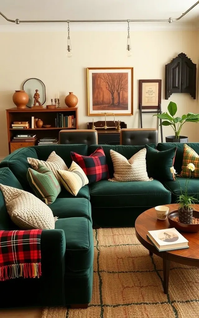 The Layered Luxe - For those who dance between styles, the Layered Luxe setup redefines cozy sophistication. Start with a sleek, modern sofa—perhaps in a neutral tone—and pile on an assortment of textured pillows. Think plush velvets alongside chunky knit throws, but sprinkle in those plaid accents that tie the rustic and contemporary worlds together. It’s a harmonious blend that feels curated but effortless, perfect for anyone who wants their space to feel like a warm embrace with an edge. This layered look invites exploration and warmth, ideal for both intimate gatherings and personal evenings in.