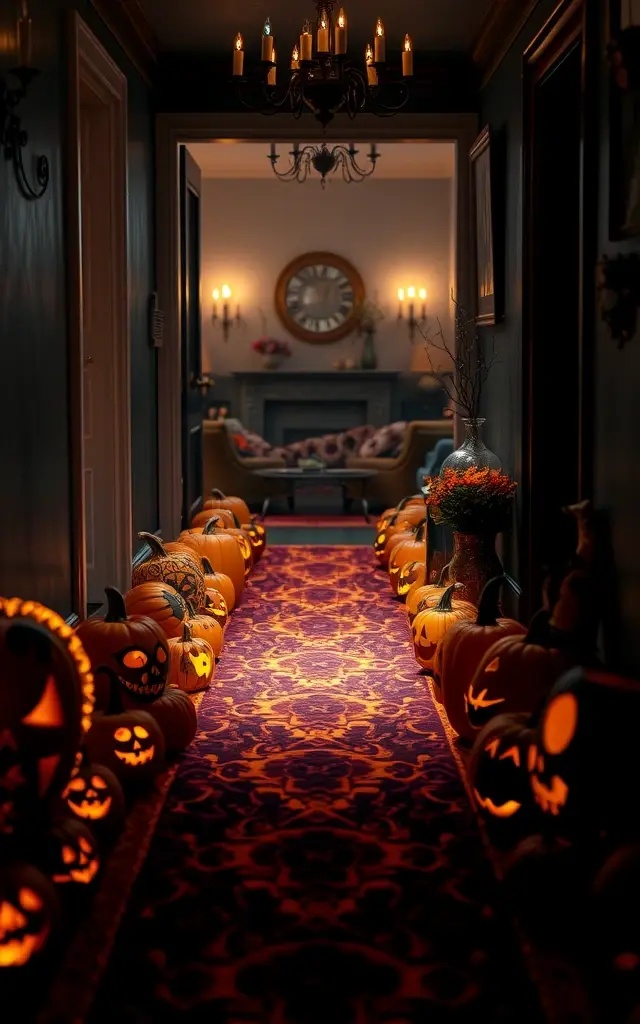 Mysterious Pumpkin Pathway - Transform your entryway into an intriguing and atmospheric Pumpkin Pathway, where smart lights emulate the essence of a moonlit pumpkin patch. Strategically placed orange lights can pulse to mimic the flickering glow of jack-o'-lanterns, guiding guests with a playful yet eerie welcome. Elevate the experience with smart color-changing bulbs that shift from deep orange to vibrant purple tones, casting ghostly shadows on the ground. Combine these lights with elegantly carved pumpkins that glow from within, completing a spirited entrance that invites intrigue and excitement.
