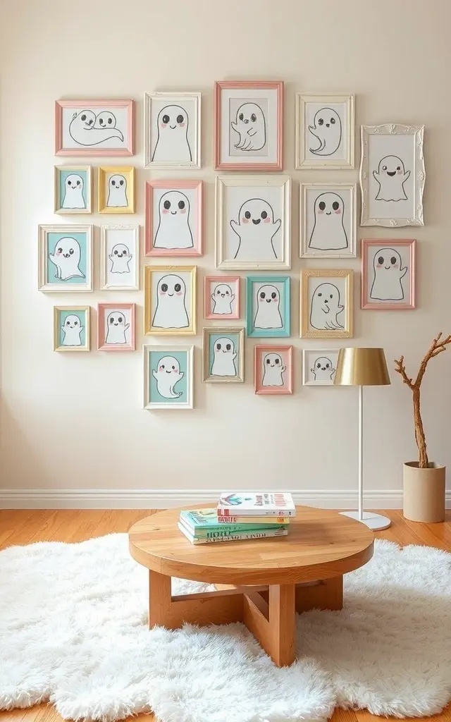 Friendly Ghost Gallery - Say goodbye to spooky specters and hello to cheerful spirits! Craft a gallery wall featuring friendly ghost crafts made from white paper or fabric. Incorporate their smiling faces drawn by your kids for a personal touch. Pair this with paper bats that flutter gently from the ceiling, bringing an air of playful spookiness. This enchanting display doubles as art and an enchanting backdrop for Halloween-themed activities, making it a playful addition to their room.
