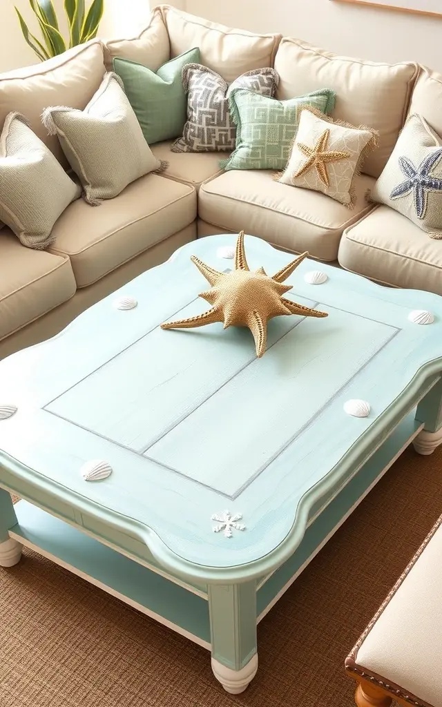 Ocean Breeze: The Seaside Coffee Table - A coffee table painted in soft blues and sandy beiges mimics the serene vibes of a beach getaway. Delicate seashells and gentle waves are artfully depicted, inviting you to sink into relaxation. This piece not only serves as a conversation starter but also wraps your living space in a comforting embrace, reminding you of peaceful days by the shore.