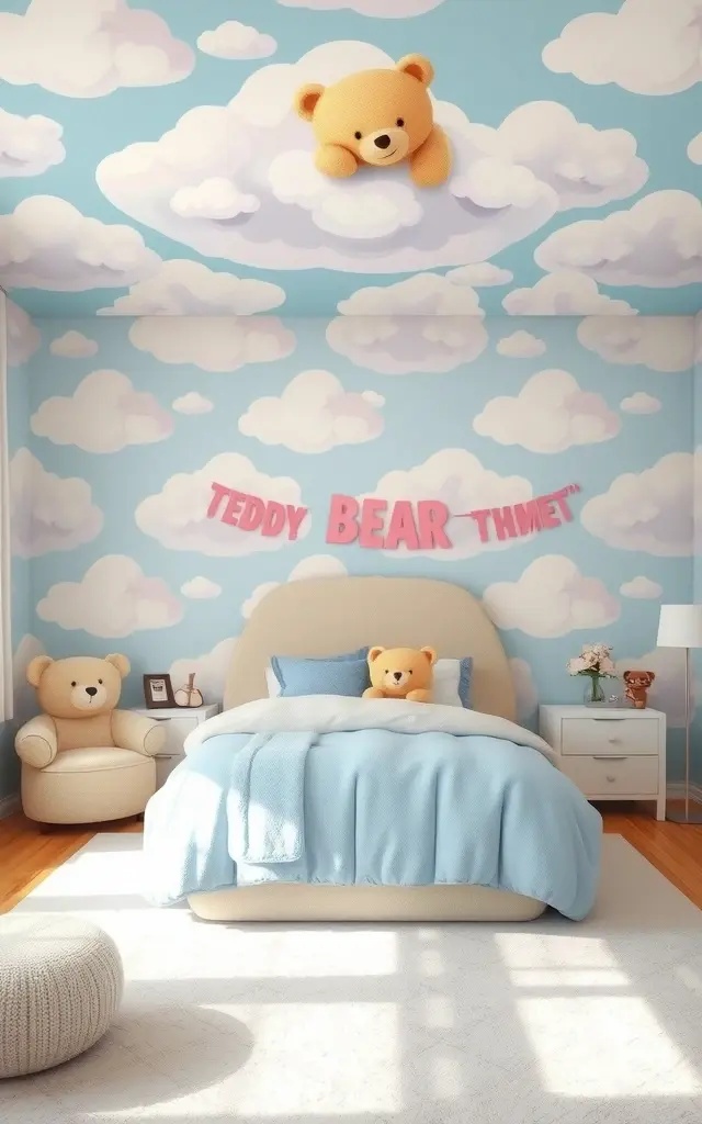 Teddy Bear Cloudscape - Imagine sinking your toes into the plush embrace of the 'Teddy Bear Cloudscape'! A fluffy white rug acts as the foundation of this cozy realm, reminiscent of soft, drifting clouds. But, let’s kick it up a notch: layer various textures such as a knitted throw blanket and oversized cushions shaped like clouds for that ultimate snug experience. Add enchanting fairy lights draped above for a starlit effect, creating a dreamy nighttime ambiance that cradles your little ones to sleep with the soft glow of twinkling stars.