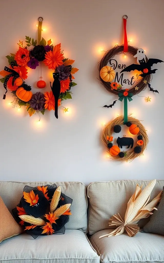 Whimsical Wreaths of Wonder - Create enchanting garlands using a delightful mix of seasonal foliage, delicate lace, and playful accents like tiny pumpkins and shimmering spiders. These whimsical wreaths can be draped around mirrors, doorways, or along walls, adding texture and intrigue. Use materials like recycled paper or fabric scraps to ensure your decor is both eco-friendly and budget-conscious, while showcasing your unique flair.