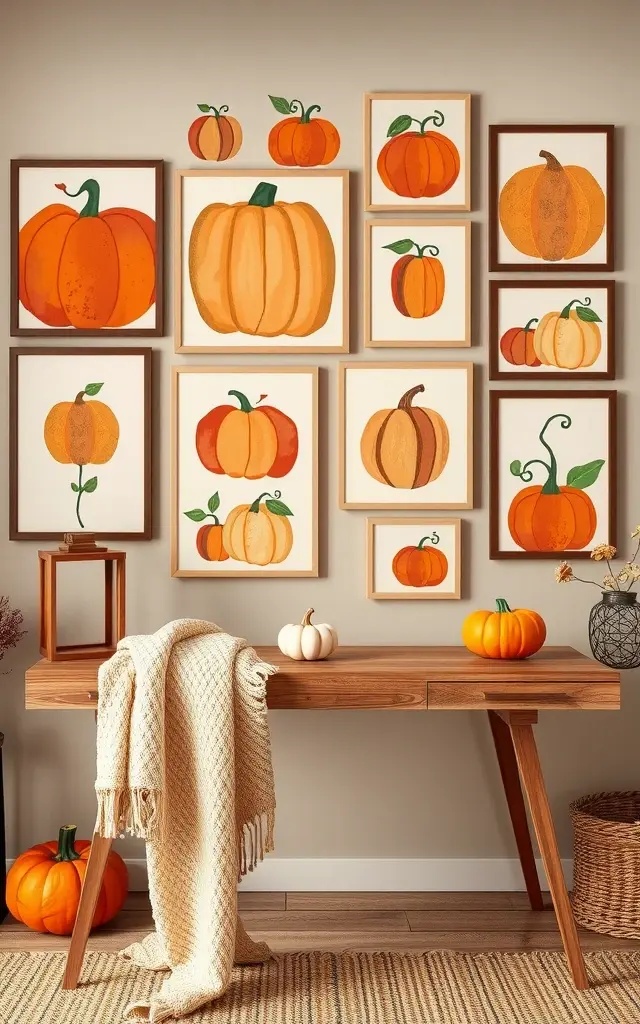 Pumpkin Palette Wall Art - Let your walls tell a seasonal story with the Pumpkin Palette Wall Art concept. Create a gallery wall that celebrates autumn's beauty through framed prints of abstract pumpkin designs—think watercolor splashes in burnt orange, muted greens, and soft beige. Each frame can be mixed in style, from vintage wooden to sleek modern, encouraging a playful juxtaposition. Incorporate natural elements like dried corn husks or twine to hang some pieces, tying the theme together while celebrating the warmth of the harvest. This artistic approach maintains a sophisticated flair, making your workspace both inspiring and uniquely festive.
