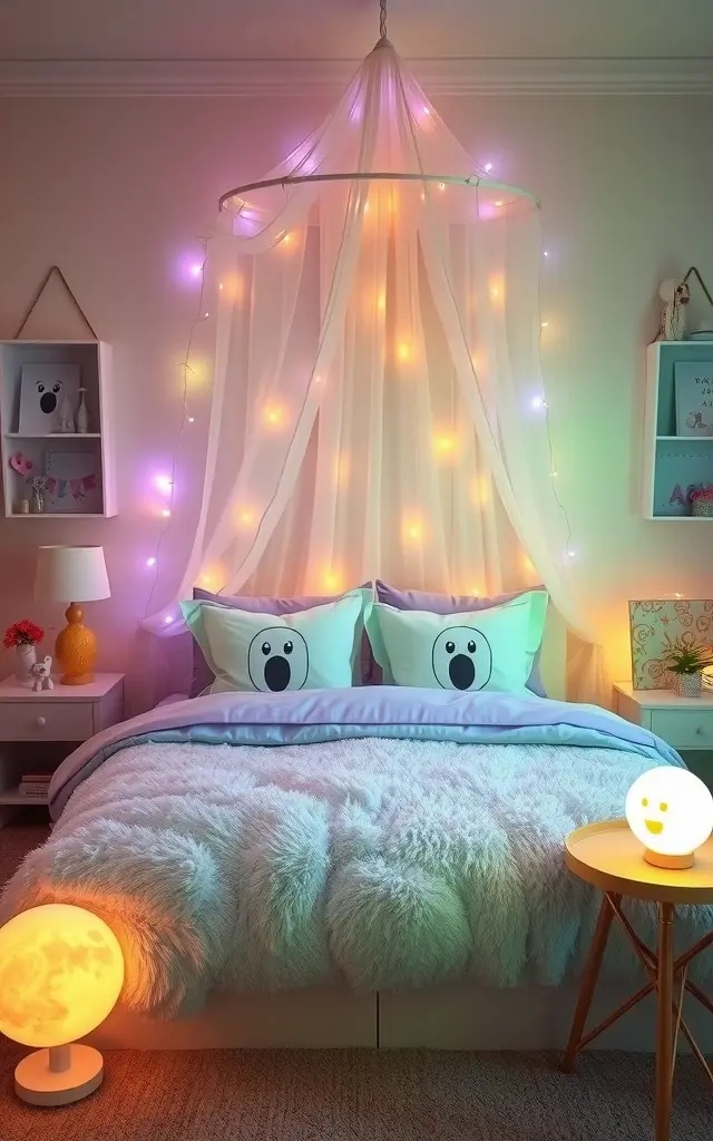 Celestial Ghostly Glow - Transform your bedroom into an ethereal retreat with the 'Celestial Ghostly Glow'. Strategically place ghost stickers around your bed or on a feature wall, accompanied by a constellation of glow-in-the-dark stars. As night falls, the gentle illumination creates a serene atmosphere, reminiscent of a dreamscape where friendly spirits float amongst the stars. This enchanting arrangement invites coziness and calm, making it the ideal sanctuary for restful nights and whimsical dreams.