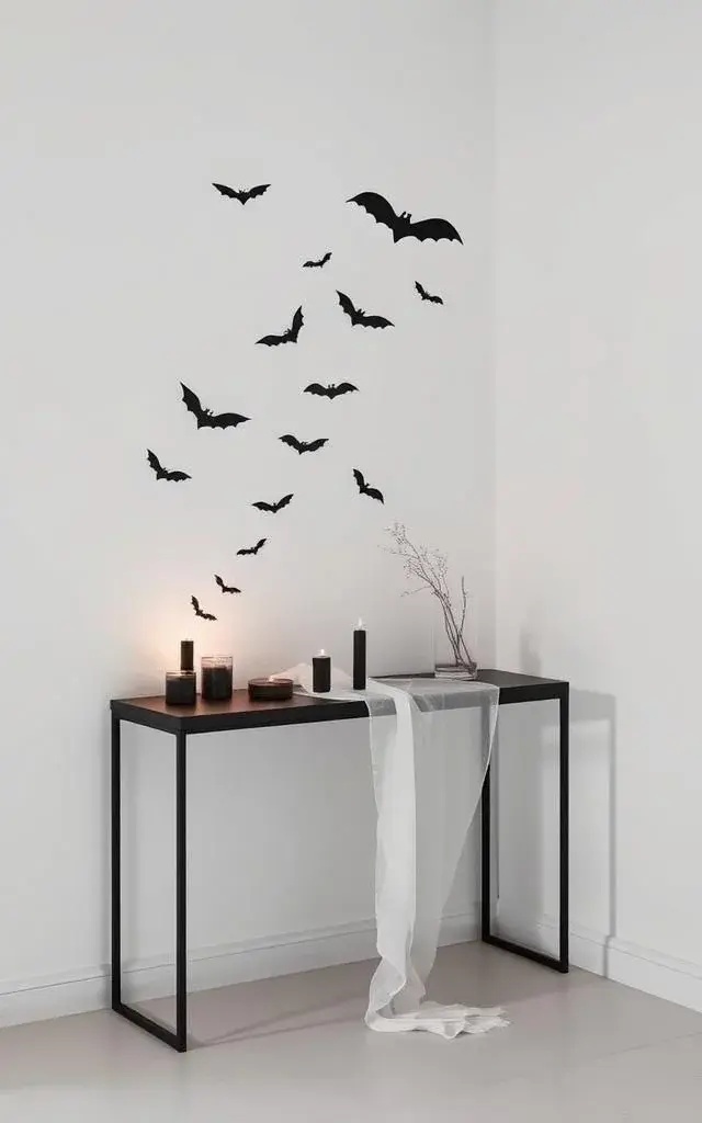 Ethereal Flight - Create an enchanting vignette with simple bat cutouts, poised elegantly along a windowsill or mantle. These delicate shapes, crafted from black paper, flutter in the soft breeze, their minimalist design harnessing the playful spirit of Halloween without overwhelming the eye. Pair them with a single or two strategically placed black candles to form a cohesive look. The combination of soaring bats and flickering flames invites a sense of wonder, evoking childhood memories while fostering connection and a sense of belonging—all within a beautifully understated aesthetic.
