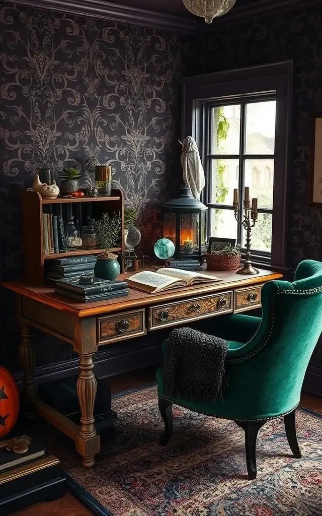 Witchy Workspace Wonders - Embrace the enchantment of the season with a sprinkle of 'witchy' charm. Adorn your workspace with a handcrafted spellbook-inspired planner, its pages filled with your ambitions and dreams, alongside a crystal ball paper holder that encourages a touch of mystique. Layer your desk with an organic, textile-based table runner featuring subtle pumpkin motifs, inviting warmth and texture. The synergy of these elements not only sparks creativity but also ensures a serene and inviting work environment, where the spirit of Halloween thrives harmoniously with everyday tasks.