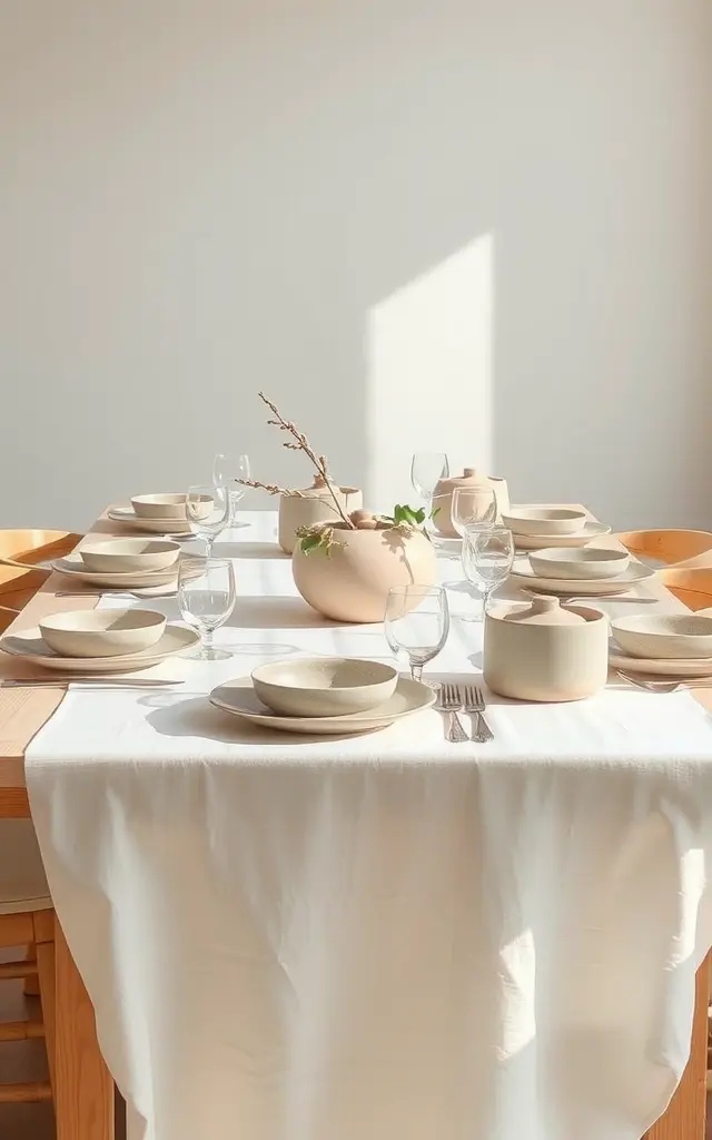 Table Scape of Shadows - Set the table with a palette of muted earth tones. Use plain white dinnerware and layer it with soft, textured fabrics in taupe or sage. Instead of a traditional table runner, place a single long, elegant branch down the center. Drape a few eucalyptus leaves alongside for a fragrant touch. Let shadows play on your table as the sunlight fades—it's simple yet captivating, like a still life painting come to life.