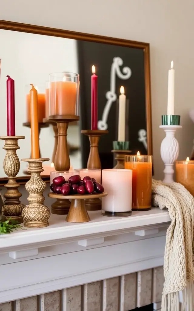 Candle Chaos: Embracing Asymmetry - Layer candles of varying heights and widths in a delightful disarray. Choose rich autumnal scents that evoke the season, such as spiced cider or roasted chestnut. Surround them with natural elements like pinecones and acorns for a touch of organic elegance.