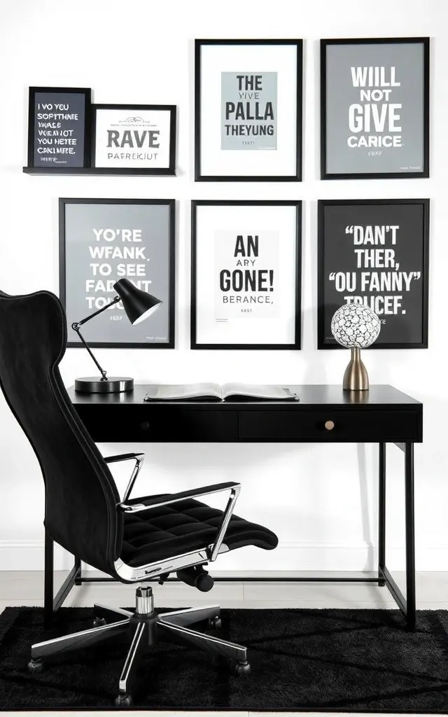 Monochrome Mixology - Combine minimalist black-framed quotes with stylish black-and-white art pieces. This monochrome approach will tie together your workspace, making it not just a place to work, but a sanctuary of style. Opt for inspirational phrases paired with abstract designs for a sophisticated touch that resonates with your personal aesthetic.