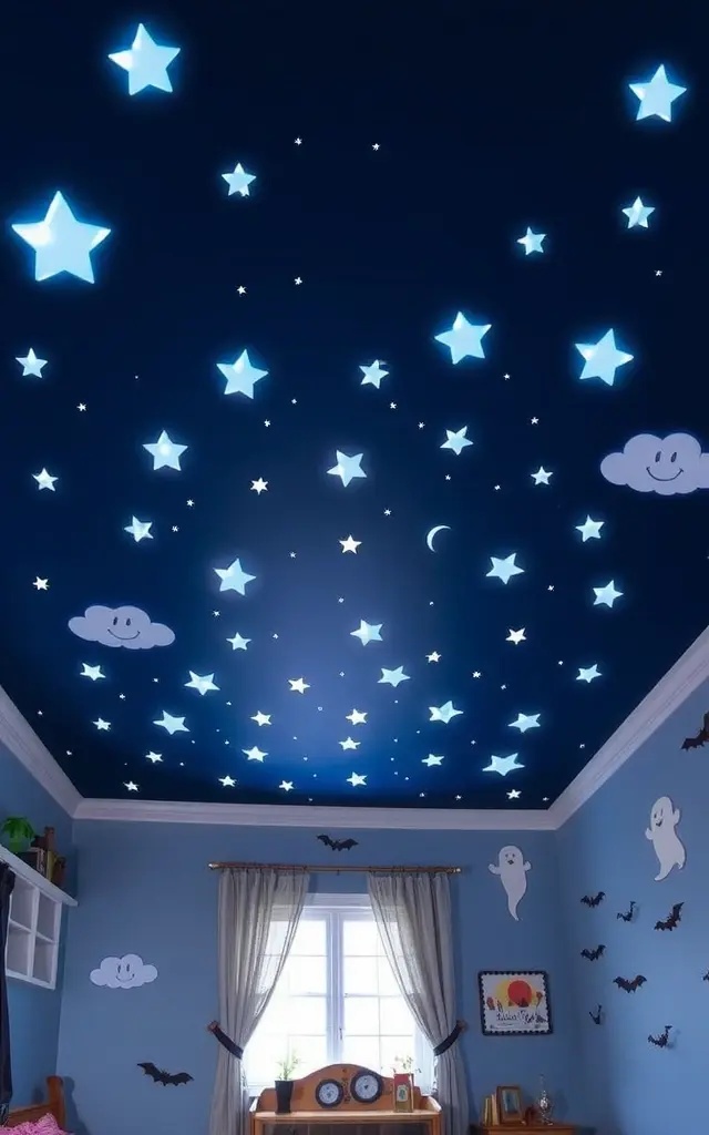 Midnight Sky Ceiling - Break the mold by taking your decor upwards—literally! Apply glow-in-the-dark stars to your ceiling and arrange bat stickers in flight patterns. As night falls, watch your room transform into a whimsical nocturnal haven, perfect for sweet dreams or spooky stories.