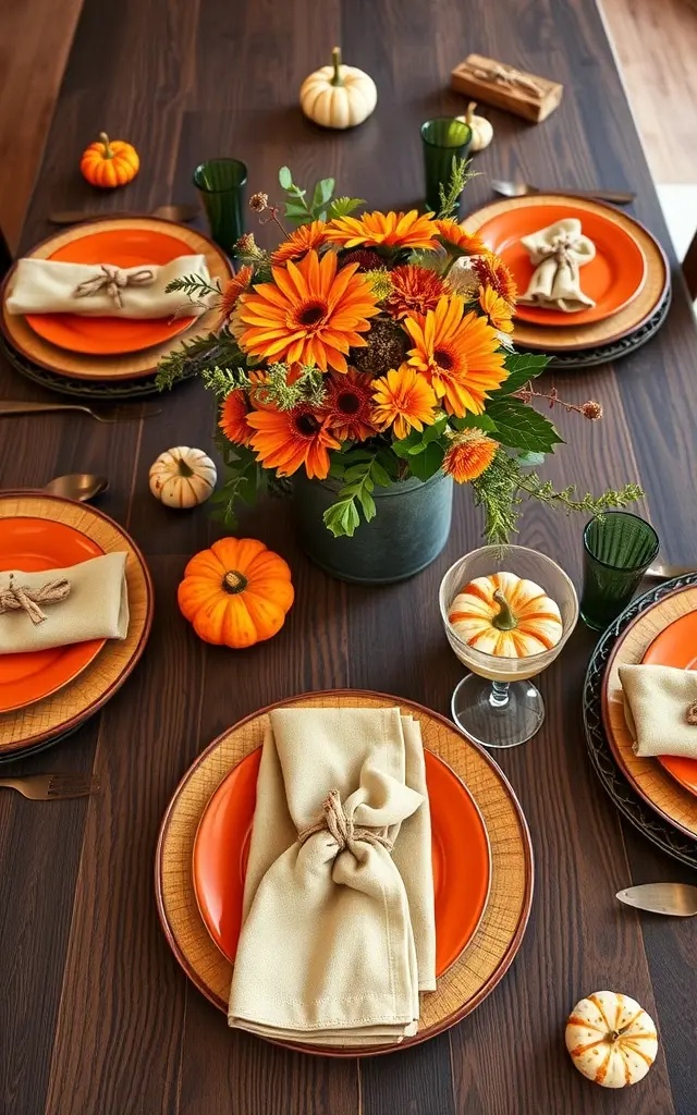 Orange Overload: The Accent Revolution - Forget subtle hints of orange. We’re talking about a full-on orange ambush! Go for rich, burnt oranges in your napkins, candlesticks, and even place cards. This isn’t your grandma’s Thanksgiving—dare to make orange the star of your tablescape and watch it ignite envy at the dinner table.
