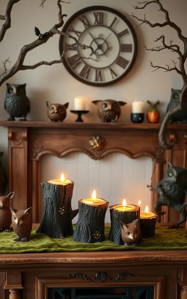 Whimsical Woodland: Nature’s Enchanted Embrace - Invite the magic of the forest into your home with a garland adorned with twigs, pinecones, and delicate fairy lights. Layer in soft, ghostly white spiderwebs, allowing them to cascade elegantly down the sides. Finish with mini pumpkins and whimsical woodland creatures to bring a playful yet sophisticated charm to your mantel.