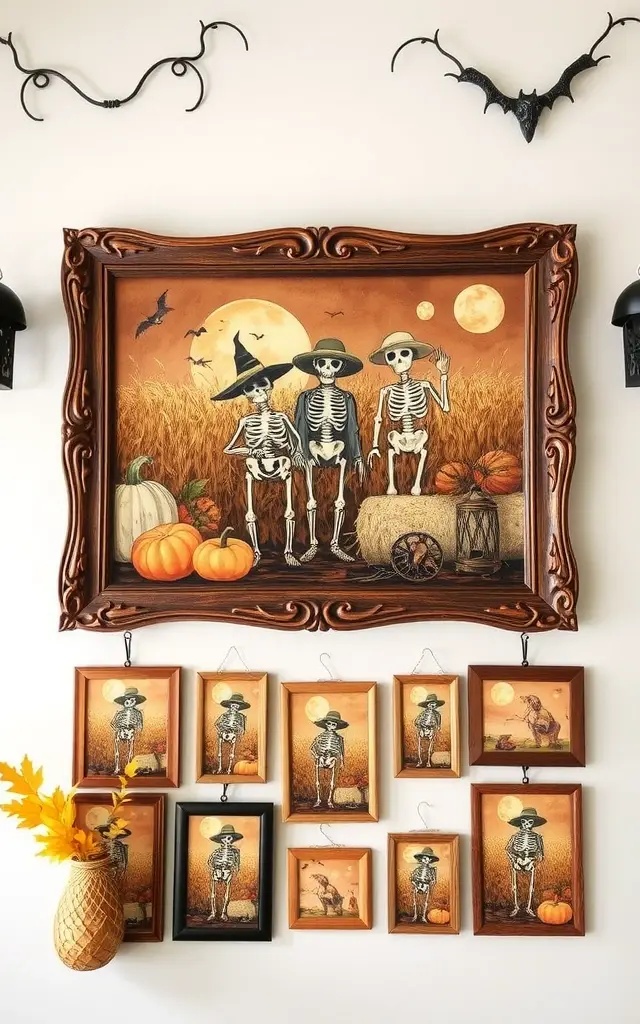 Skeletons of the Harvest - Instead of the usual morbid displays, let your skeletons be the stars of a rustic harvest festival! Adorn them with straw hats and plaid shirts, seated around a repurposed barn table piled high with pumpkins in varying shades. Arrange them as if they’re sharing a meal, surrounded by vibrant autumn leaves and dried cornstalks. This cozy tableau will tell stories of harvest time camaraderie rather than fright.