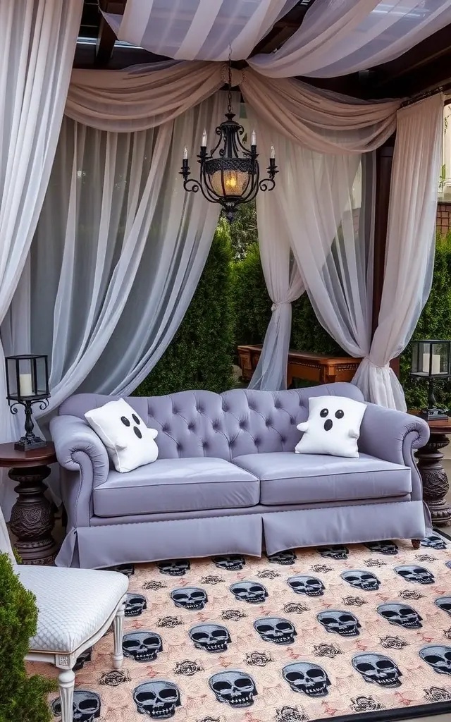 Whimsical Wraiths - Create a playful scene with floating ghost figures made from sheer white fabric draped over lightweight frames. Hang them from trees or eaves to gently sway in the breeze, evoking a sense of ethereal elegance. Add a touch of twinkling fairy lights for a magical evening ambiance.