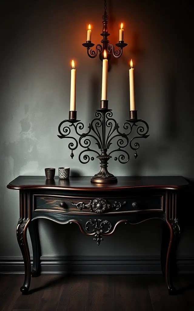 Candelabra Charm - Illuminate your haunted escape with a stunning candelabra arrangement. Choose a dramatic design—think black wrought iron or shimmering gold—then adorn it with tall candles in bold hues like deep red or midnight blue. Light them up as dusk settles, casting a warm, inviting glow that transforms your space into a romantic and mysterious den.