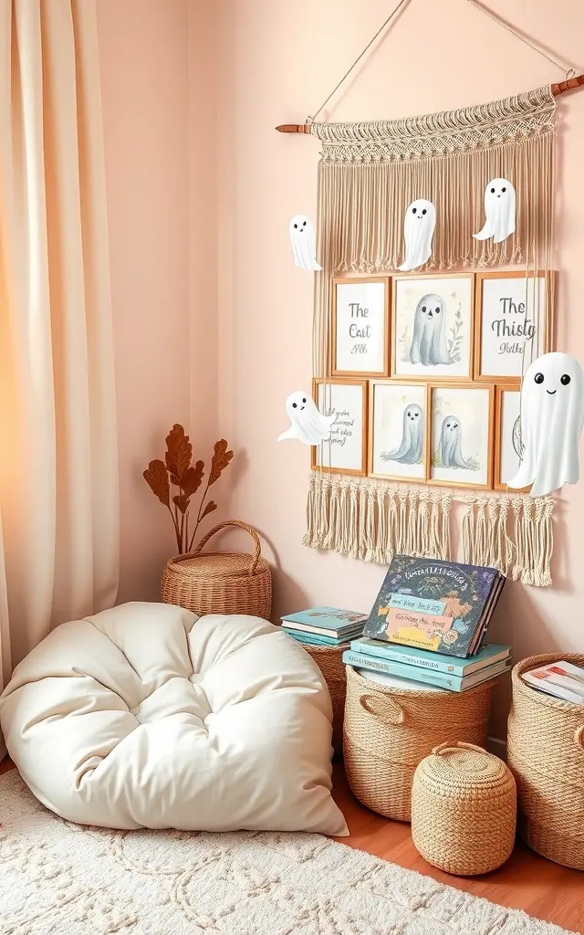 Boho Chic Ghost Gallery - Transform a hallway into an ethereal gallery that tells the story of friendly spirits. Use a kaleidoscope of pastel ghost decals to create a visual journey down the walls. Pair these playful apparitions with ornate mirrors, textured macramé hangings, and an eclectic array of art pieces. This vibrant, layered look will invite curiosity and charm, making every stroll feel like a whimsical adventure.