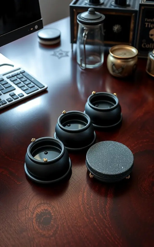 Cauldron Coasters - Sip your potion without fear of ringed doom! These coasters, crafted from dark stone and shaped like cauldrons, add a playful twist to your beverage game. Adorned with whimsical glyphs, they’ll keep your desk dry while you brew up your enchanting elixirs. Perfect for coffee, teas, or a spooky cocktail!
