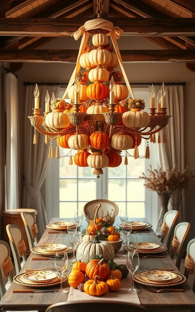 Pumpkin Chandelier Chic - Who says chandeliers have to be crystal? Suspend a cluster of small, painted pumpkins from a repurposed metal frame, and add some Edison bulbs for that vintage touch. It's a conversation starter and a stunning centerpiece—all in one!