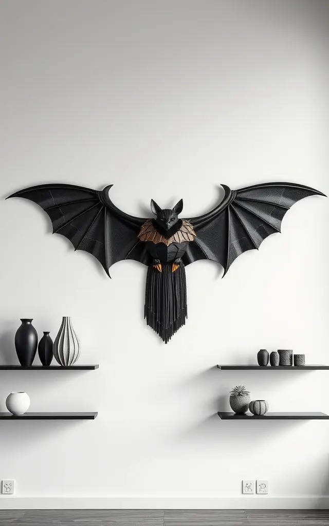 Dramatic Layers: Layering for Depth - Think simple, but don’t shy away from complexity. Layer bat decorations of varying sizes and textures on a single hanging frame. Combine wood, leather, and metal finishes for a bold statement. This isn’t just a wall hanging; it’s a layered narrative of your design bravery, showcasing the interplay of materials that keeps the eye dancing.