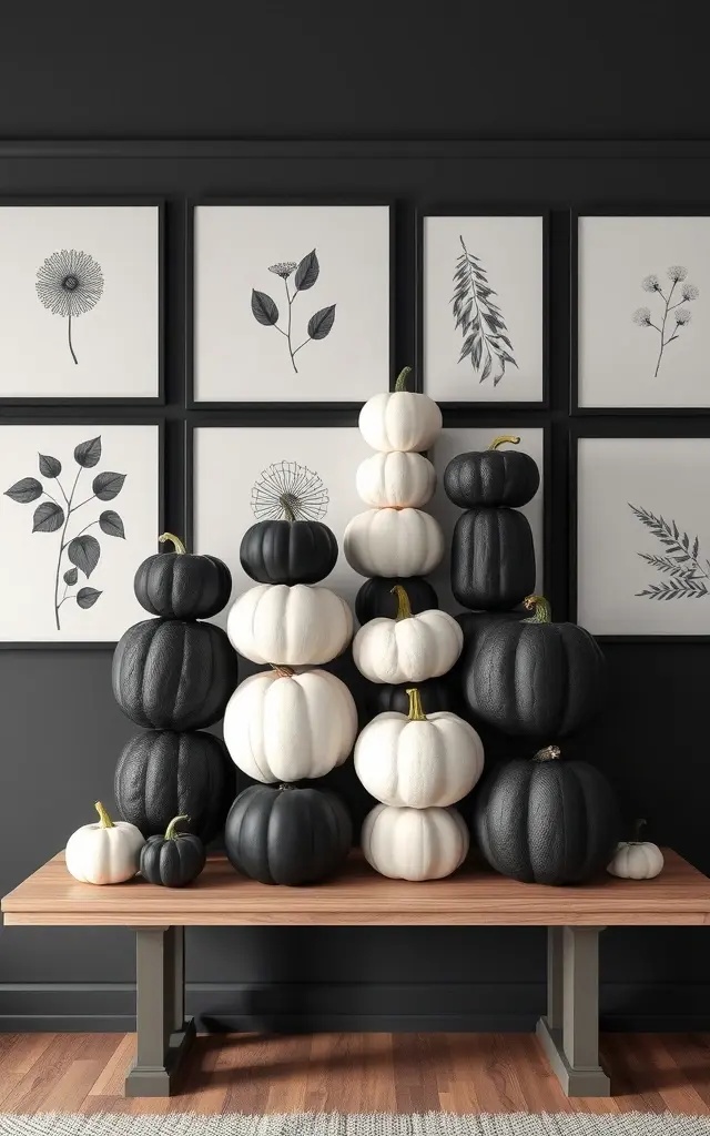 Chic Harvest Gallery - Elevate your entryway into a stylish gallery with black and white pumpkins artfully displayed on a sleek console. Pair them with framed monochrome art and a striking mirror to enhance depth. This ensemble draws guests into a world where elegance meets the spirit of harvest, sparking conversations and igniting imaginations.