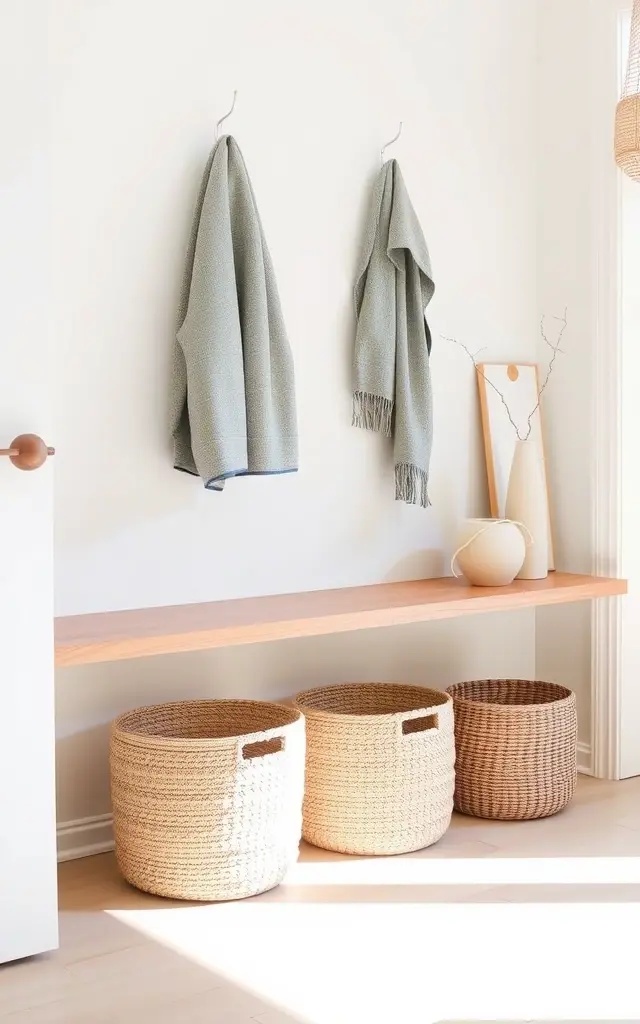 Minimalist Chic - Incorporate a sleek, contemporary bench with metal accents and monochromatic baskets. This approach emphasizes simplicity and clean lines, making your entryway feel spacious and uncluttered while stylishly housing your essentials.
