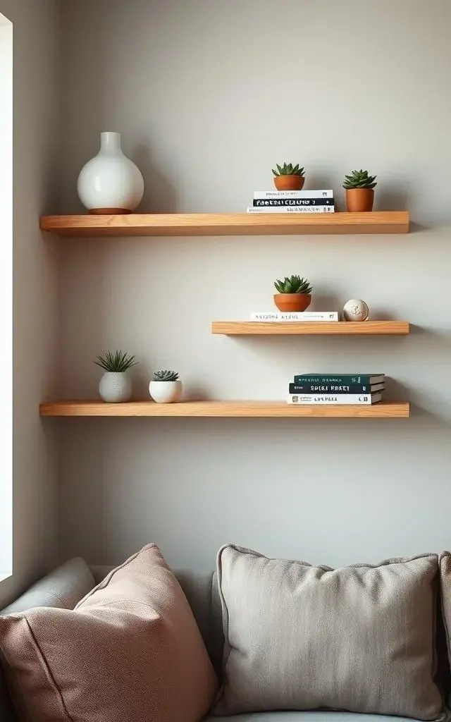 Elysium in Layers - Layering is no longer just for textiles! Elysium in Layers employs staggered floating shelves that cascade down the corner wall like a waterfall of creativity. Use these to display a curated collection of books, plants, and cherished trinkets, resulting in a dynamic visual experience that captivates the eye.