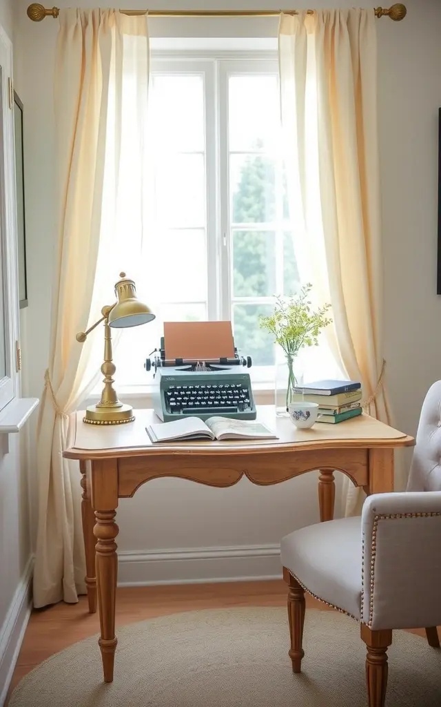 Vintage Chic Office Nook - Dive into nostalgia with a vintage chic office nook that celebrates timeless design. Source elegant antiques like a distressed wooden desk or a plush velvet armchair, complemented by a gallery wall of vintage frames. Incorporate warm lighting with ornate lamps to cast a cozy glow, transforming your workspace into a charming retreat that inspires creativity.