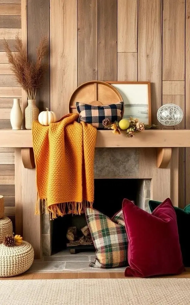 Textiles in Transition: Cozy Layering - Introduce warmth with textiles that contrast yet complement. Think a chunky knit throw draped artfully alongside a sleek metal lantern. Mix materials like soft wool and rugged burlap to create a tactile experience that enhances the cozy vibe of your fall mantel.