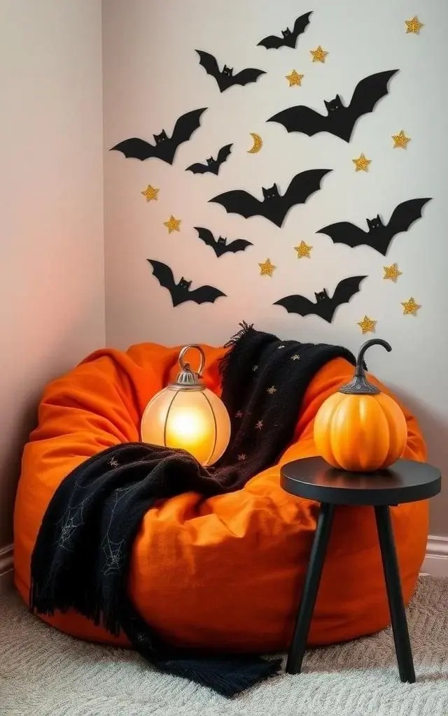 Chic Halloween Corner - Create a chic Halloween corner by layering wall stickers alongside modern furniture. Consider a sleek console table adorned with a single elegant pumpkin or a minimalistic vase, allowing the playful stickers to provide a striking contrast without overwhelming the space.