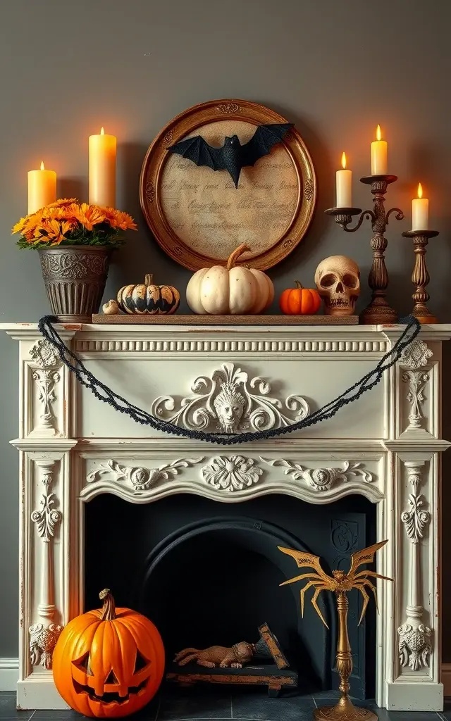 Vintage Vignettes: Nostalgic Sophistication - Curate a collection of vintage finds—think old spell books, tarnished silverware, and glass jars filled with mysterious potions. Wrap a simple garland of dried flowers and herbs around these treasures. Add delicate spiderwebs to evoke an atmosphere of timeless tales, where every object has a story waiting to be told.