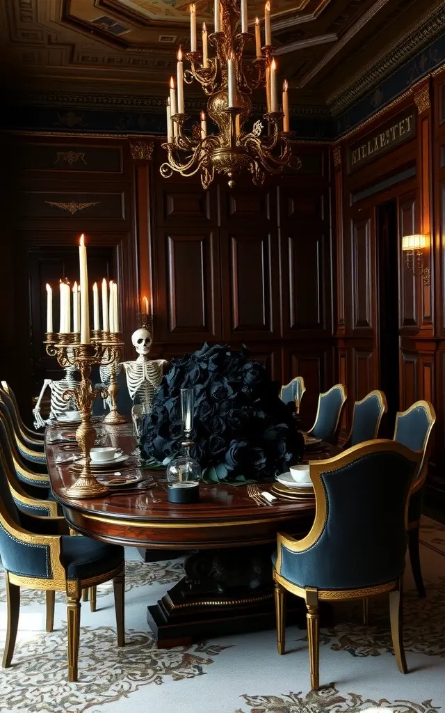 Skeleton Soirée - Host a skeleton dinner party on your front lawn! Set up a beautifully laid table with a ghostly theme, complete with faux cobwebs, candlelight, and creatively posed skeletons enjoying a meal. This interactive display invites passersby to engage with your unique Halloween homage.